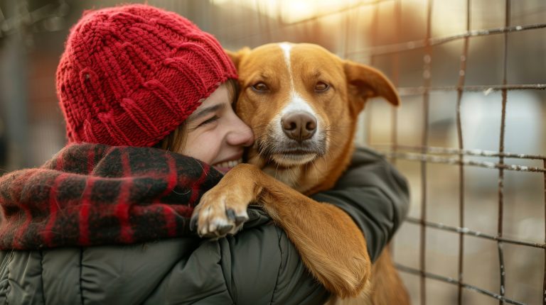 young european woman hugs newly adopted brown dog by a fence of animal shelter. companionship, happiness of pet adoption